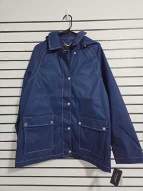 Kate Spade New York Navy Printed Denim Rain Jacket with Gold Hardware Size L